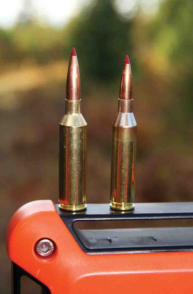 The Hardy Rifle includes an ingenious switch- barrel system. Patrick chose the 6.5 PRC (left) and 243 Winchester (right) to run the rifle through its paces.